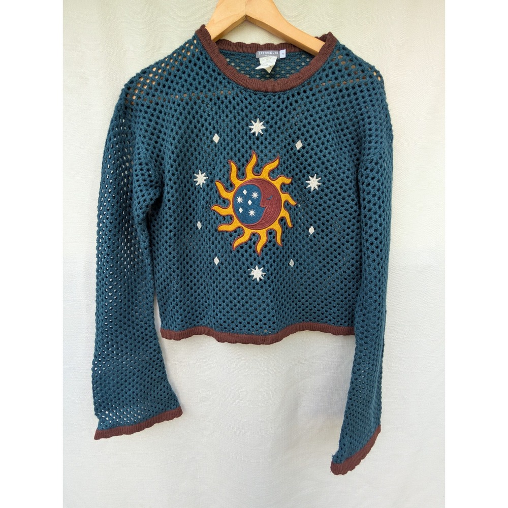 EARTHBOUND Celestial Sweater Womens M Blue Open Knit Sun Moon Whimsigoth Fairy